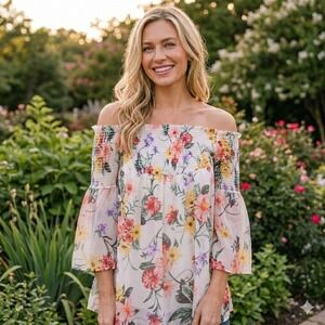 Iris Basic Womens L Floral Off The Shoulder Smocked Bell Sleeve Blouse Cream NEW